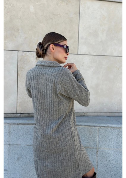 Kadın Bej Polo Yaka Basic Kalıp Uzun Kollu Midi Triko Elbise fiyatları