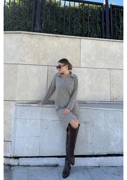 Kadın Bej Polo Yaka Basic Kalıp Uzun Kollu Midi Triko Elbise fırsatları