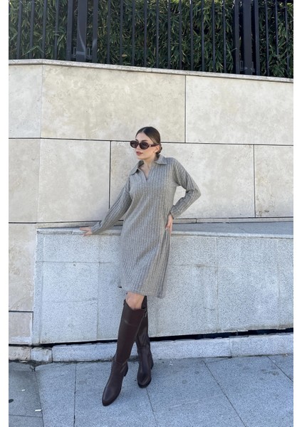 Kadın Bej Polo Yaka Basic Kalıp Uzun Kollu Midi Triko Elbise indirimleri