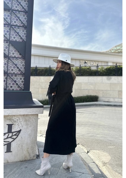 Kadın Siyah Kruvaze Yaka, Yırtmaçlı, Beli Kuşaklı, Kol Bilekleri Lastikli, Salaş, Uzun Elbise fırsatları