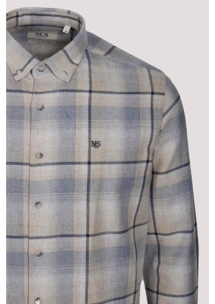 Erkek Gömlek Bej Uzun Kol Ekose Kareli Flanel Yün Tuşeli Slim Fit Düğmeli Yaka Shirt Ncs Jeans 7269