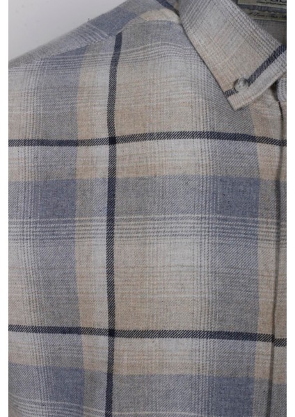Erkek Gömlek Bej Uzun Kol Ekose Kareli Flanel Yün Tuşeli Slim Fit Düğmeli Yaka Shirt Ncs Jeans 7269 modelleri