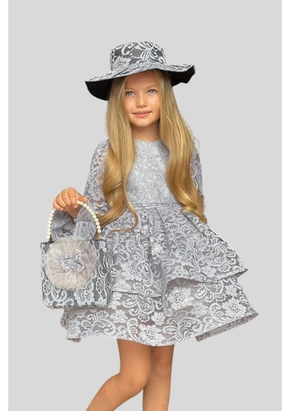 Şapka ve Çanta Detay Uzun Kol Güpür Abiye Elbise Gri