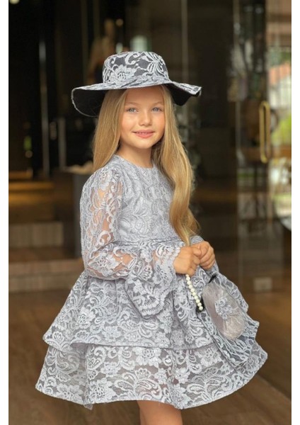 Şapka ve Çanta Detay Uzun Kol Güpür Abiye Elbise Gri indirimleri