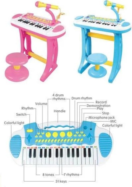 24 Tuşlu Mini Piyano Seti Mikrofonlu Piyano Tabureli