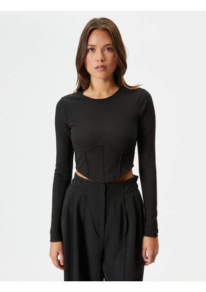 Crop Tişört Uzun Kollu Korse Detaylı Bisiklet Yaka modelleri