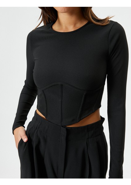 Crop Tişört Uzun Kollu Korse Detaylı Bisiklet Yaka indirimleri