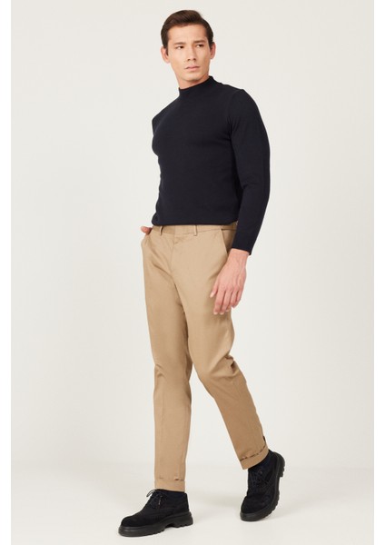 ALTINYILDIZ CLASSICS Erkek Camel Slim Fit Dar Kesim Gabardin Kumaş Desenli Pamuklu Esnek Beli Lastikli Pantolon