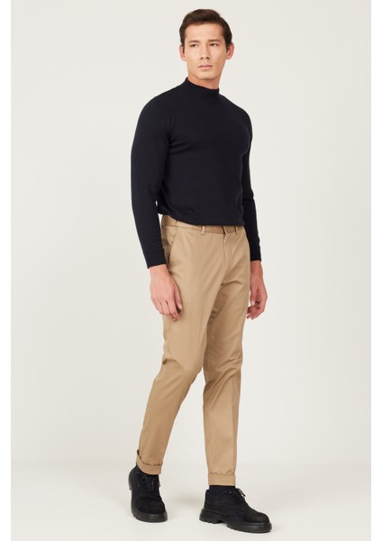 ALTINYILDIZ CLASSICS Erkek Camel Slim Fit Dar Kesim Gabardin Kumaş Desenli Pamuklu Esnek Beli Lastikli Pantolon