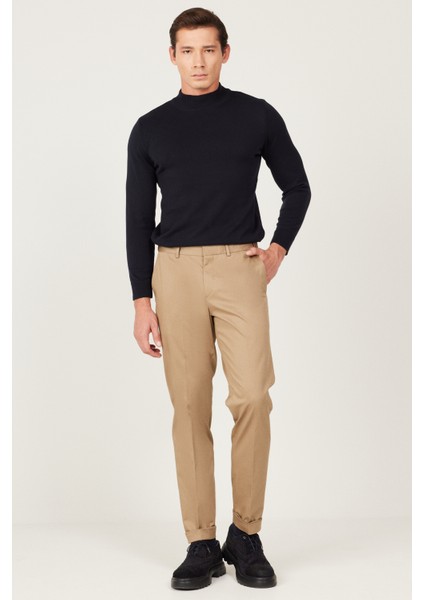 ALTINYILDIZ CLASSICS Erkek Camel Slim Fit Dar Kesim Gabardin Kumaş Desenli Pamuklu Esnek Beli Lastikli Pantolon