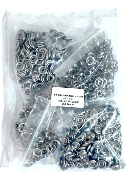 9,5 mm Tırnaklı Klikıt Çıtçıt 4'lü Set - Paslanmaz Çelik - 250 Takım