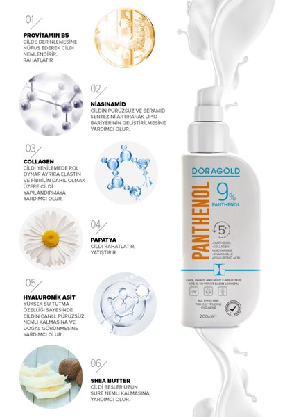 Panthenol Yüz El ve Vücut Bakım Losyonu %9 Panthenol Nemlendirici Krem 200 ml modelleri