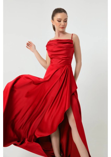 Kırmızı Yırtmaç Detaylı Saten Abiye Elbise 4522348.08