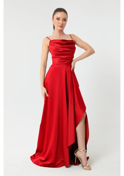 Kırmızı Yırtmaç Detaylı Saten Abiye Elbise 4522348.08 fiyatları