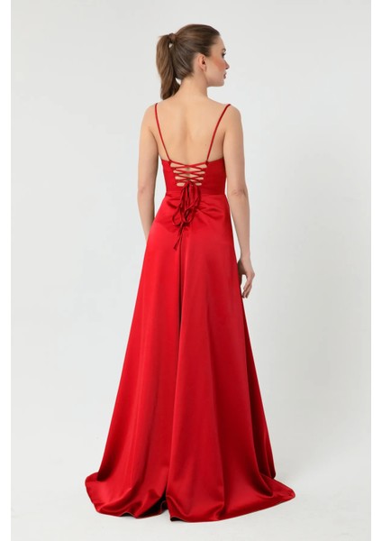 Kırmızı Yırtmaç Detaylı Saten Abiye Elbise 4522348.08 indirimleri