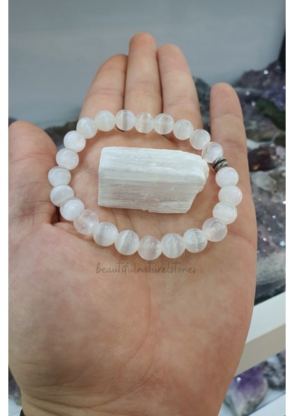 Sertifikalı Selenit Doğal Taş Bileklik 8mm Çok Kaliteli ( % 100 Gerçek ) ( Aurayı Temizleme ) ( Taş Hediyeli )