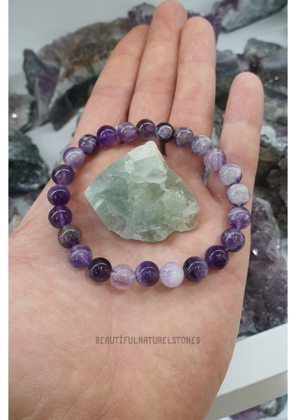 Sertifikalı Ametist Doğal Taş Bileklik Aa Kalite 8 mm ( Florit Taş Hediyeli ) ( Yaşam Sevinçi , Pozitiflik )