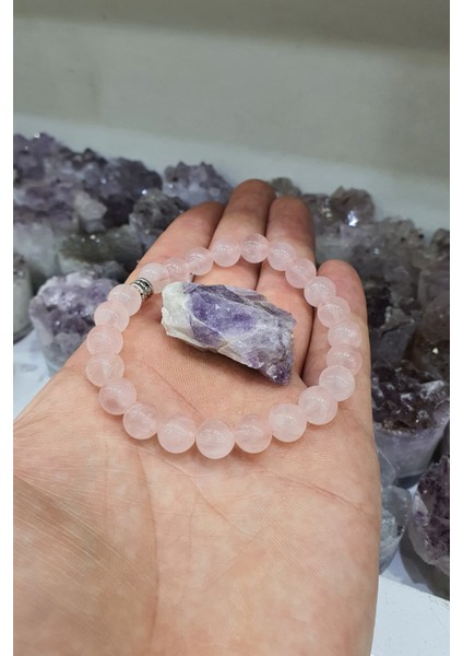 Sertifikalı Pembe Kuvars Doğal Taş Bileklik 8 mm ( Ametist Taş Hediyeli ) ( Yaşam Sevinçi, Pozitiflik )