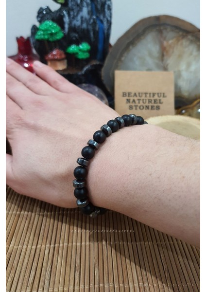 Sertifikalı Hematit , Oniks Doğal Taş Bileklik 8 mm ( Aa Kalite ) ( Asaletin Rengi )