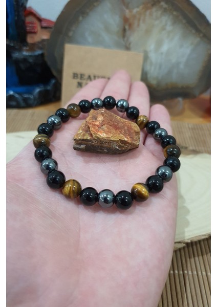 Sertifikalı Kaplan Gözü, Hematit , Obsidyen Doğal Taş Bileklik ( Taş Hediyeli ) (Güç Bilekliği ) Aa Kalite