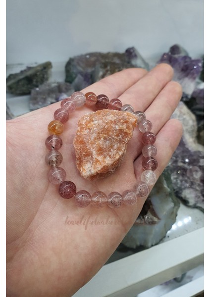 Sertifikalı Çilek Kuvars Doğal Taş Bileklik 8 mm ( Kalsit Taş Hediyeli ) Mutluluk Verir,aşk Taşı Olarak Bilinir.