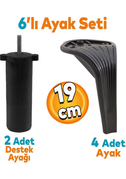 Lotus 6'lı Set Mobilya Tv Ünitesi Çekyat Koltuk Kanepe Destek Ayağı 19 Cm Siyah Ayakları M8 Civatalı