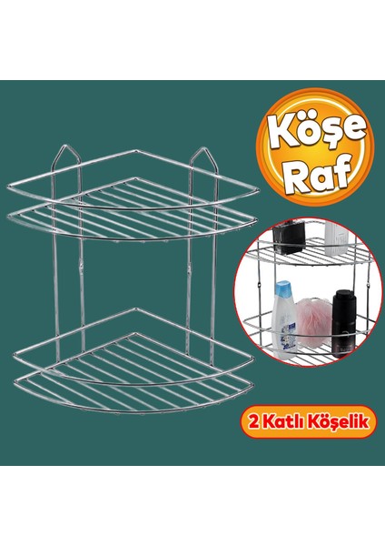 Oval Köşelik Small Banyo Krom 2 Katlı Şampuan Kese Sabun Duş Malzeme Estetik Köşe Raf Muhafaza