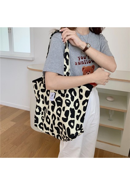 Moda Pirinç Leopar Desenli Tote Büyük Kapasiteli Hayvan Baskı Kanvas Omuzdan Askili Taşınabilir Kız Öğrenci Alışveriş Çanta (Yurt Dışından)