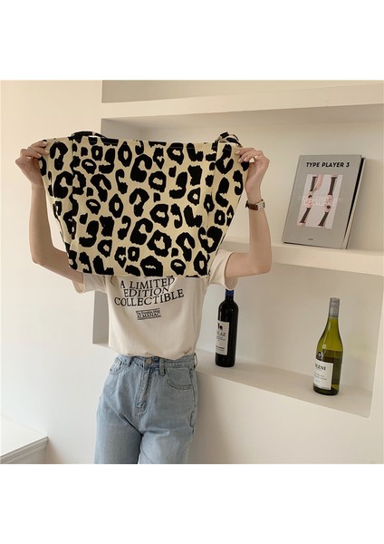Moda Pirinç Leopar Desenli Tote Büyük Kapasiteli Hayvan Baskı Kanvas Omuzdan Askili Taşınabilir Kız Öğrenci Alışveriş Çanta (Yurt Dışından)