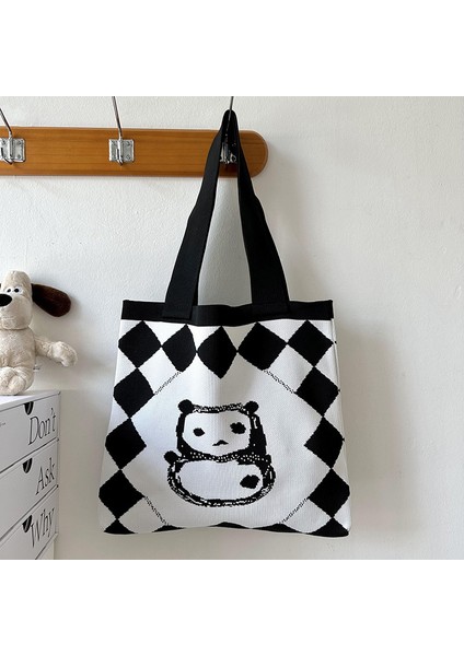 Sevimli Panda Omuz Büyük Kapasiteli Moda Çok Yönlü Öğrenci Çift Alışveriş Örme Çanta (Yurt Dışından)