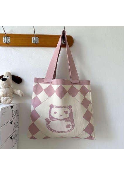 Sevimli Panda Omuz Büyük Kapasiteli Moda Çok Yönlü Öğrenci Çift Alışveriş Örme Çanta (Yurt Dışından)