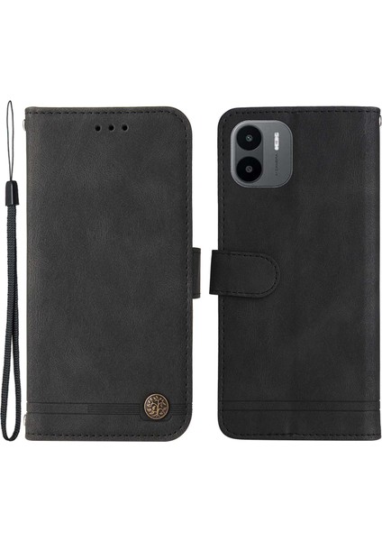Xiaomi Için Redmi A1 4g/a2 4g Ağaç Desen Metal Düğmesi Cilt Touch Telefon Kılıfı Pu Deri Çizgiler Baskılı Manyetik Toka Cüzdan Stand Kapağı Strap-Black (Yurt Dışından)