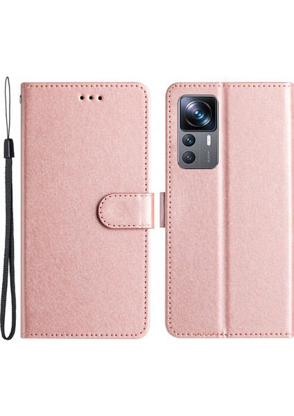 Xiaomi Için Stand Kabuğu 12T 5G/12T Pro 5g/redmi K50 Ultra Cüzdan Telefon Kılıfı Ipek Doku Deri Kapak Bilek Kayış Rose Altın (Yurt Dışından)