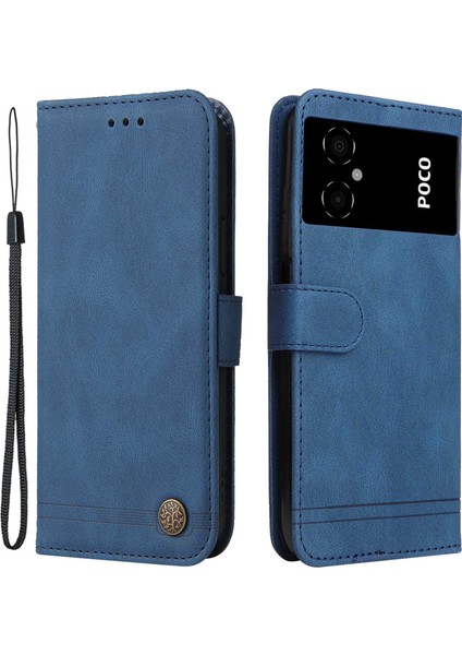 Xiaomi Için Poco M4 5g/m5 (Hindistan) 4g Cilt Touch Pu Deri Deri Kapak Çizgileri Baskılı Manyetik Ağaç Desen Metal Düğmesi Stand Cüzdan Kapağı Strap-Mavi (Yurt Dışından)