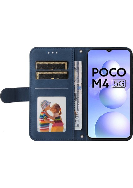 Xiaomi Için Poco M4 5g/m5 (Hindistan) 4g Cilt Touch Pu Deri Deri Kapak Çizgileri Baskılı Manyetik Ağaç Desen Metal Düğmesi Stand Cüzdan Kapağı Strap-Mavi (Yurt Dışından)