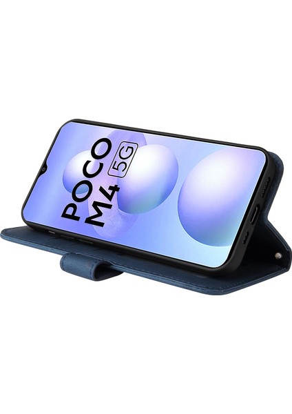 Xiaomi Için Poco M4 5g/m5 (Hindistan) 4g Cilt Touch Pu Deri Deri Kapak Çizgileri Baskılı Manyetik Ağaç Desen Metal Düğmesi Stand Cüzdan Kapağı Strap-Mavi (Yurt Dışından)