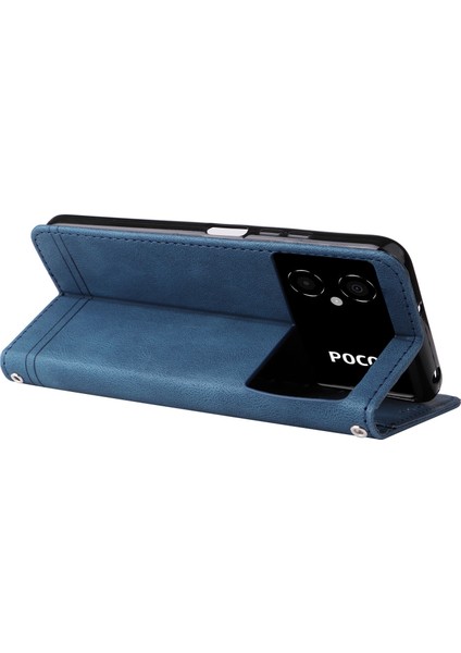 Xiaomi Için Poco M4 5g/m5 (Hindistan) 4g Cilt Touch Pu Deri Deri Kapak Çizgileri Baskılı Manyetik Ağaç Desen Metal Düğmesi Stand Cüzdan Kapağı Strap-Mavi (Yurt Dışından)
