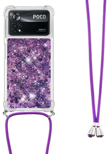 Xiaomi Için Yb Quicksand Poco X4 Pro 5g Parlak Glitter Sıvı Quicksand Cep Telefon Kılıfı Koruyucu Tpu Kabuklu Mor/kalpler (Yurt Dışından)