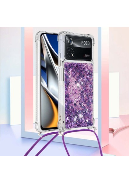 Xiaomi Için Yb Quicksand Poco X4 Pro 5g Parlak Glitter Sıvı Quicksand Cep Telefon Kılıfı Koruyucu Tpu Kabuklu Mor/kalpler (Yurt Dışından)