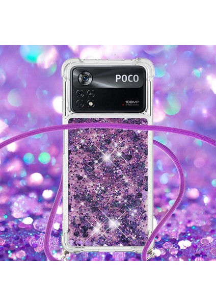 Xiaomi Için Yb Quicksand Poco X4 Pro 5g Parlak Glitter Sıvı Quicksand Cep Telefon Kılıfı Koruyucu Tpu Kabuklu Mor/kalpler (Yurt Dışından)