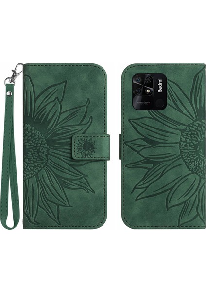 Xiaomi Redmi Için Telefon Kılıfı 10C 4g HT04 Baskılı Ayçiçeği Pu Deri Stand Cüzdan Cilt Touch Telefon Kapağı El Strap-Dark Yeşil (Yurt Dışından)