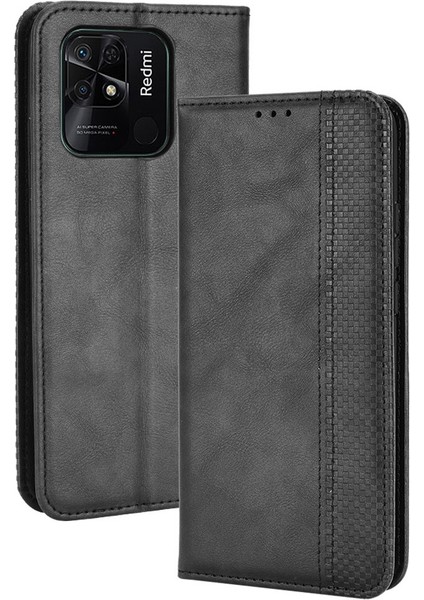 Xiaomi Redmi Için Retro Pu Deri Koruyucu Kılıf 10C Mozaik Basılı Folio Flip Cover Cüzdan-Black ile Otomatik Manyetik Kapalı Stand Kabuğu (Yurt Dışından)