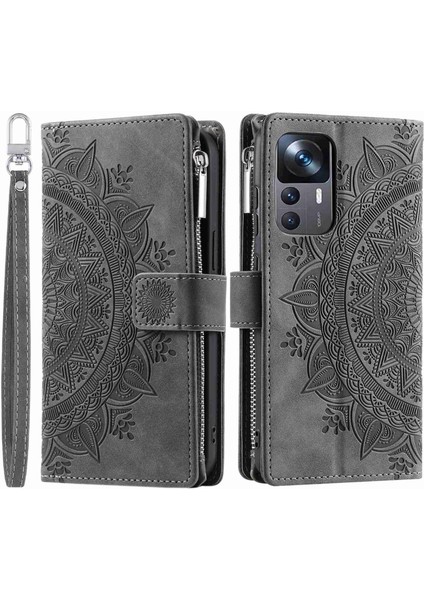 Xiaomi 12T Pro 5G/12T 5g/redmi K50 Ultra 5g Telefon Kılıfı Zipper Cep Mandala Çiçeği Baskılı Çoklu Kart Yuvası Cüzdan Pu Deri Stand Kapak-Grey (Yurt Dışından)