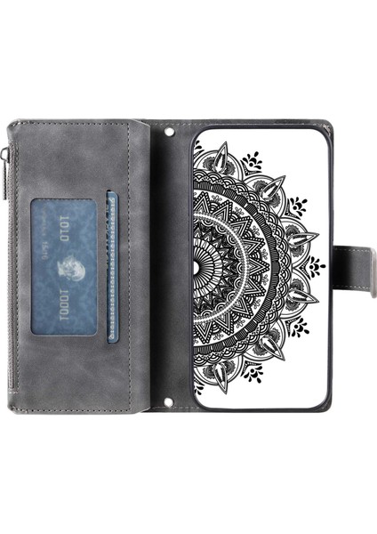 Xiaomi 12T Pro 5G/12T 5g/redmi K50 Ultra 5g Telefon Kılıfı Zipper Cep Mandala Çiçeği Baskılı Çoklu Kart Yuvası Cüzdan Pu Deri Stand Kapak-Grey (Yurt Dışından)