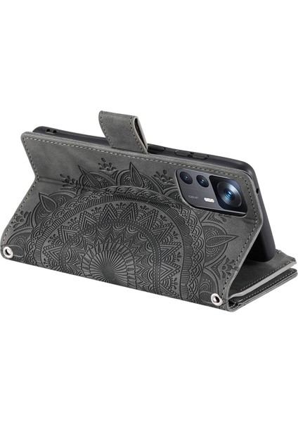 Xiaomi 12T Pro 5G/12T 5g/redmi K50 Ultra 5g Telefon Kılıfı Zipper Cep Mandala Çiçeği Baskılı Çoklu Kart Yuvası Cüzdan Pu Deri Stand Kapak-Grey (Yurt Dışından)