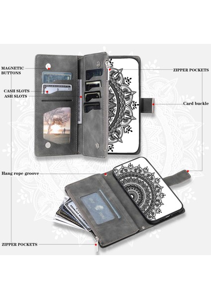 Xiaomi 12T Pro 5G/12T 5g/redmi K50 Ultra 5g Telefon Kılıfı Zipper Cep Mandala Çiçeği Baskılı Çoklu Kart Yuvası Cüzdan Pu Deri Stand Kapak-Grey (Yurt Dışından)