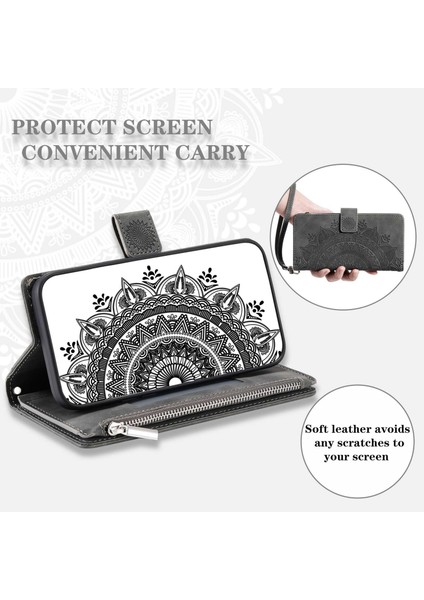 Xiaomi 12T Pro 5G/12T 5g/redmi K50 Ultra 5g Telefon Kılıfı Zipper Cep Mandala Çiçeği Baskılı Çoklu Kart Yuvası Cüzdan Pu Deri Stand Kapak-Grey (Yurt Dışından)