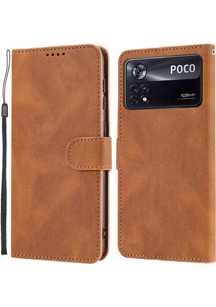 Xiaomi Poco X4 Pro 5g Pu Deri Manyetik Kapatma Çanak Çantası Stand Şok Geçirmez Folio Cüzdan Kapağı Kayış-Kahverengi (Yurt Dışından)
