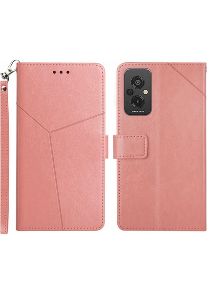 Xiaomi Redmi Için 11 Prime 4g HT01 Basılı Y Şeklindeki Çizgiler Cüzdan Kılıfı Pu Deri Stand Tam Kapsama Folio Telefon Kapağı Kayış-Pembe (Yurt Dışından)
