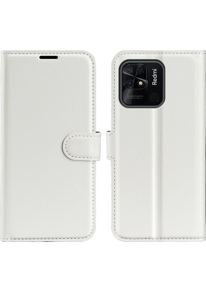 Xiaomi Için Redmi 10C/REDMI 10 (Hindistan) Stand Fonksiyon Litchi Doku Deri Kılıf Cüzdan Manyetik Cep Telefonu Koruyucu-Beyaz (Yurt Dışından)